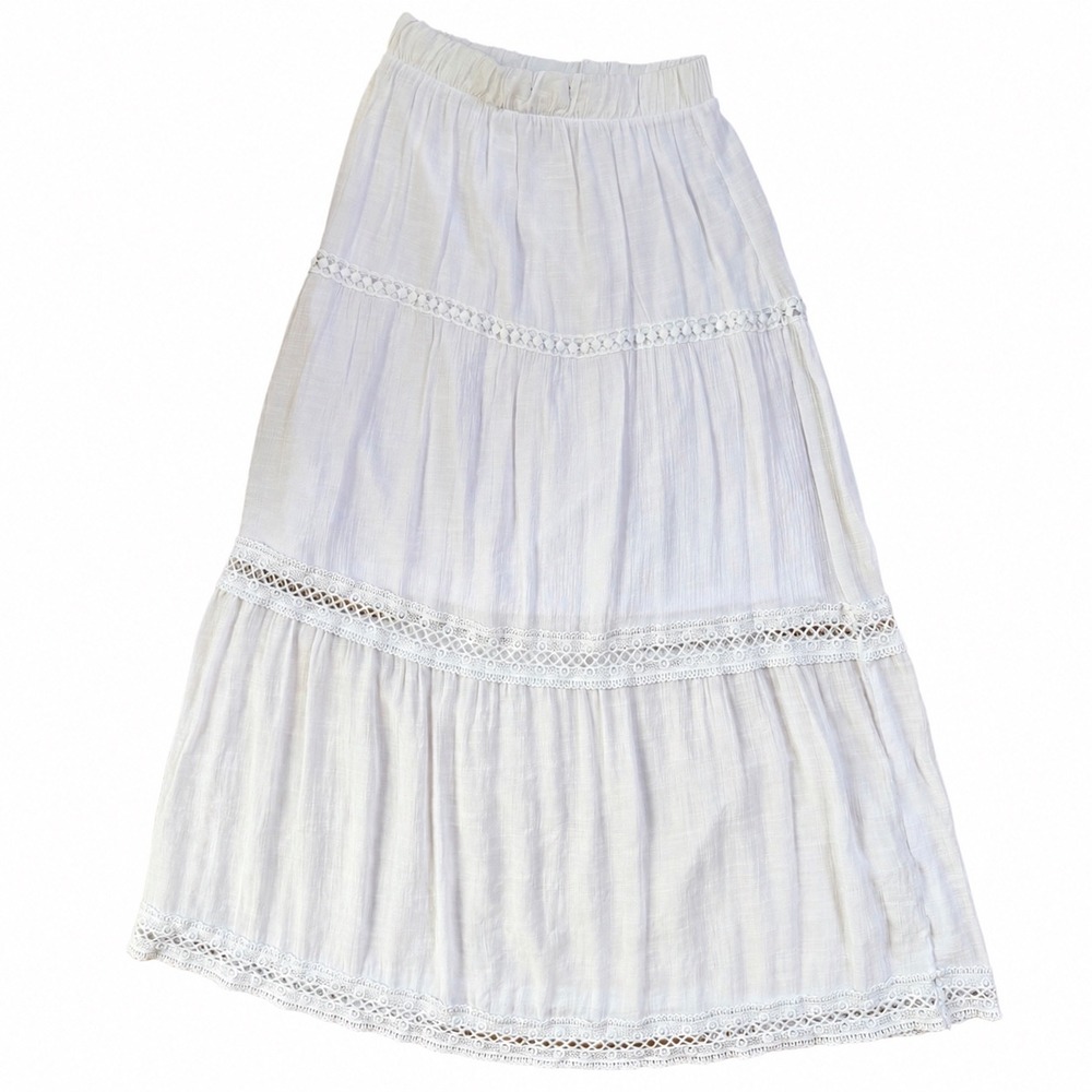 Streetwear Society White Tiered Maxi Skirt Crochet Lace Boho Cottage Flowy Small